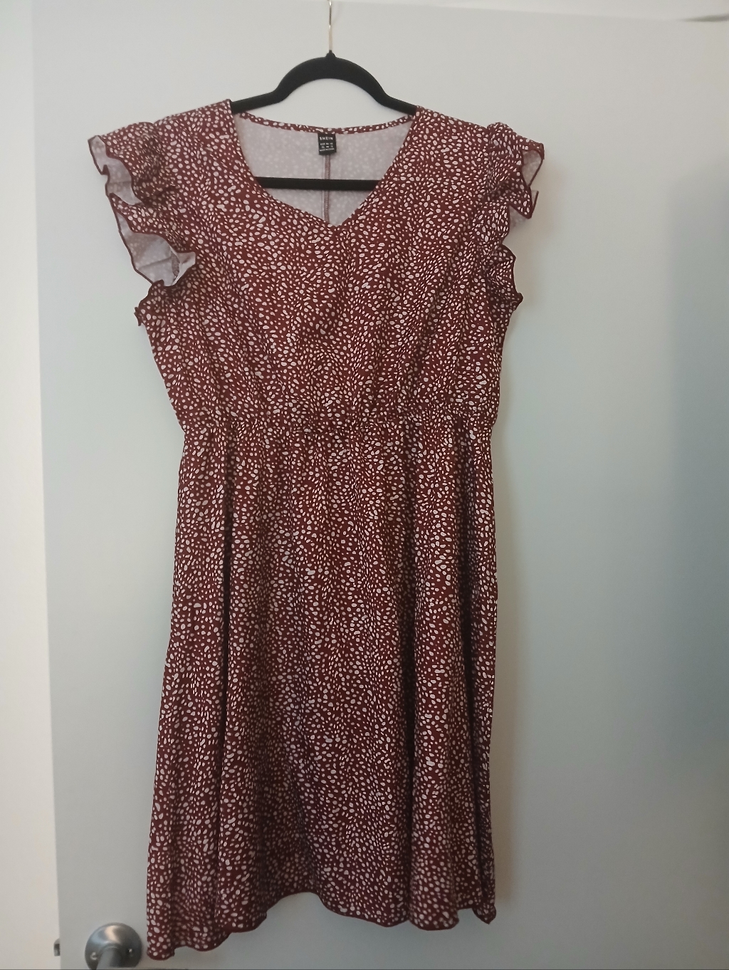 Burgundy And White Dot Ruffle Dress